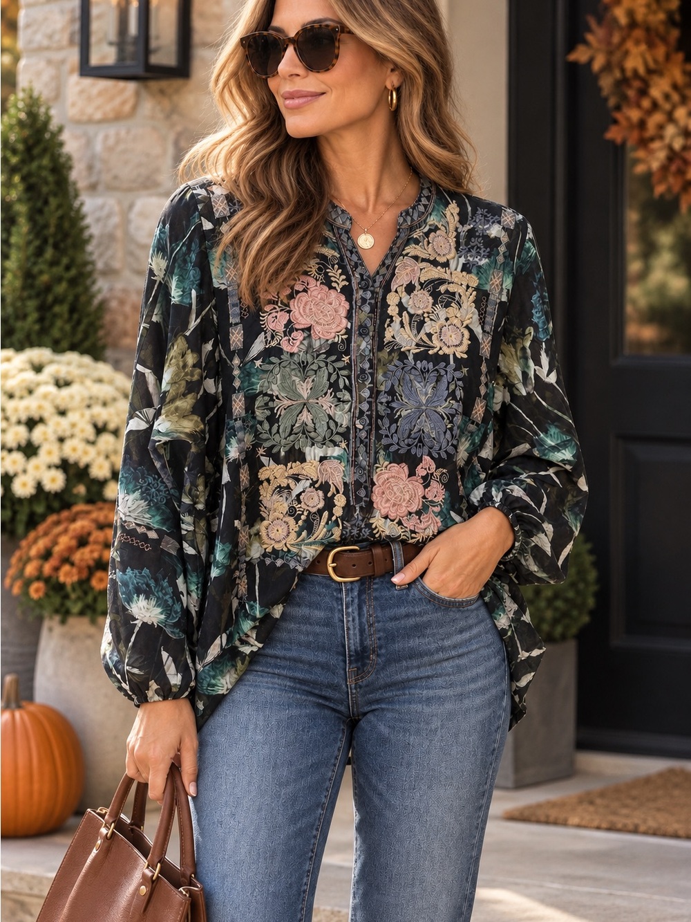 Johnny Was Biya Boho Silk Floral Embroidered Patchwork V-Neck Blouse size M